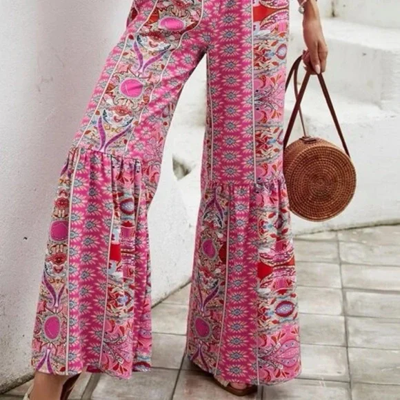 Boho Floral Paisley Ruffle Print Wide Leg Palazzo Pants Crop Cami Top Set Pink - Picture 9 of 9